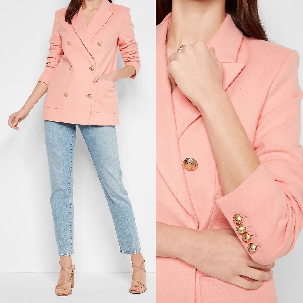 Express Flannel Knit Oversized Double Breasted Blazer Gold Novelty Buttons Small - Picture 3 of 16
